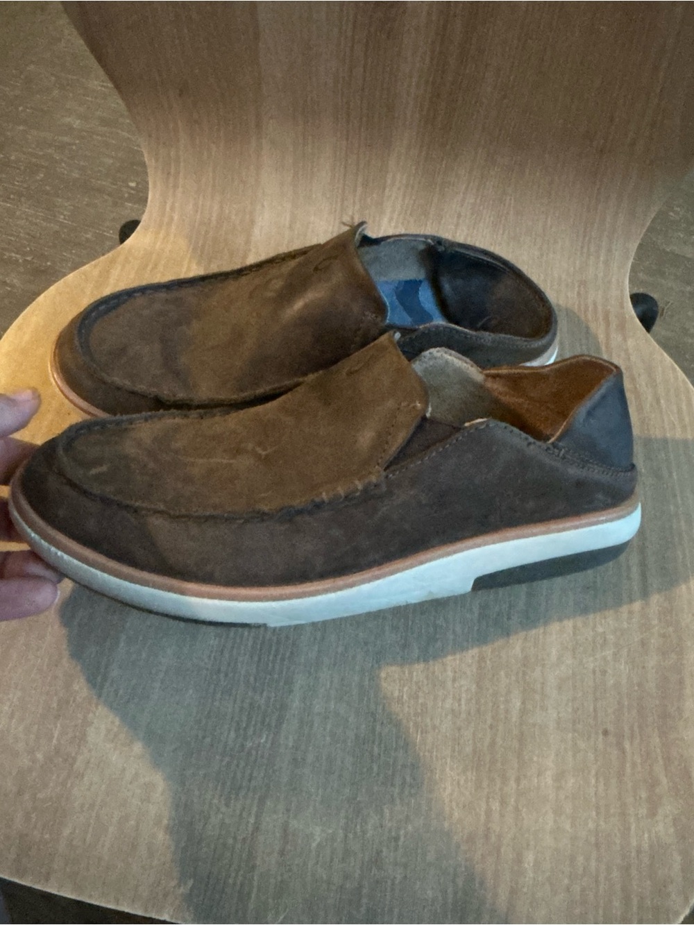 OluKai Men's Brown Suede Slip-On Loafers with White Sole